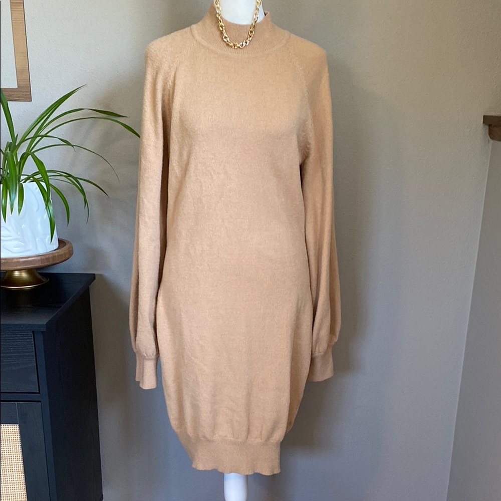 Exlura Tan Ribbed Mock Neck Bishop Sleeve Sweater Dress Size Large
